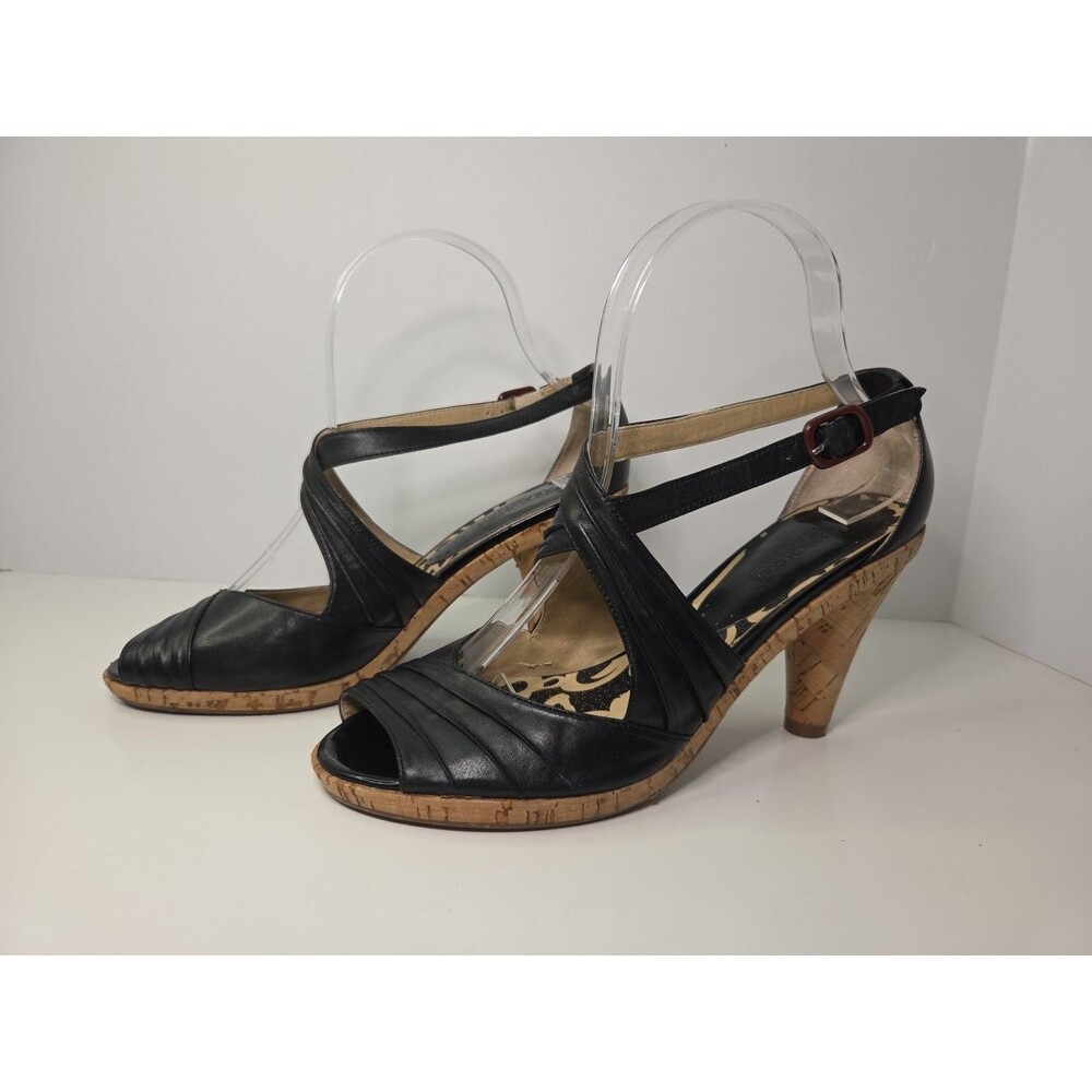 Kenneth Cole Reaction SwingDance black Leather PeepToe cork heel Buckle Sz 7.5 - Picture 3 of 7